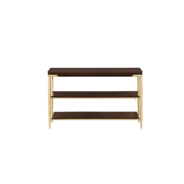 Entertain in style with the Eschenbach Sofa Table. This classic rectangular occasional table features a cherry finished table top with a metal base. This distinctive metal and wood cocktail table feature unique tapered legs with two open wood shelf for st