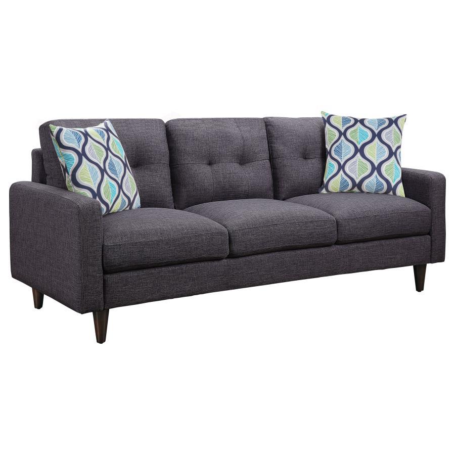 Relax on this stationary sofa that has clean lines and style that-'s sure to satisfy. Seat cushions are plush for hours of enjoyment watching anything from Netflix to the playoffs. Thick, button-tufted seat backs add timeless style as well as comfort and 
