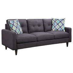 Relax on this stationary sofa that has clean lines and style that-'s sure to satisfy. Seat cushions are plush for hours of enjoyment watching anything from Netflix to the playoffs. Thick, button-tufted seat backs add timeless style as well as comfort and 
