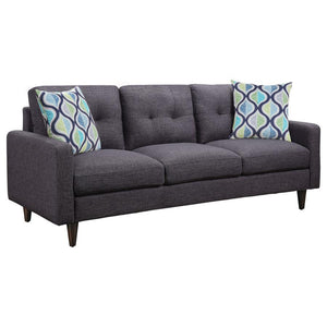 Relax on this stationary sofa that has clean lines and style that-'s sure to satisfy. Seat cushions are plush for hours of enjoyment watching anything from Netflix to the playoffs. Thick, button-tufted seat backs add timeless style as well as comfort and 