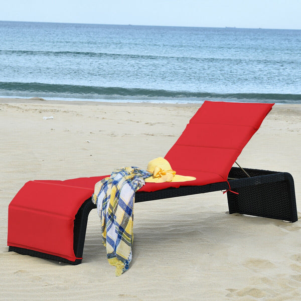 Tightly hand-woven rattan can withstand the moderate change in weather <br>The heavy-duty steel frame ensures the sturdiness of the chaise lounge <br>Adjustable backboard with five different positions <br>Soft and thick cushion for comfortable seating <br