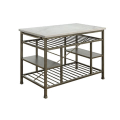 The Lanzo Kitchen Island is equally ideal for counter space or an excellent choice for display with extra storage. Blending contemporary style with industrial charm, the design is both stylish and functional. The metal frame adds a touch of industrial imp
