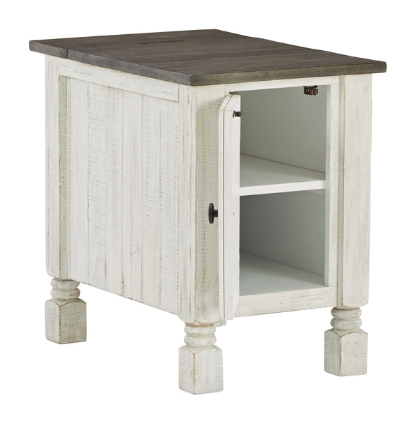  this chairside end table blends distinctive details such as turned post accents and raised door fronts for a substantial 