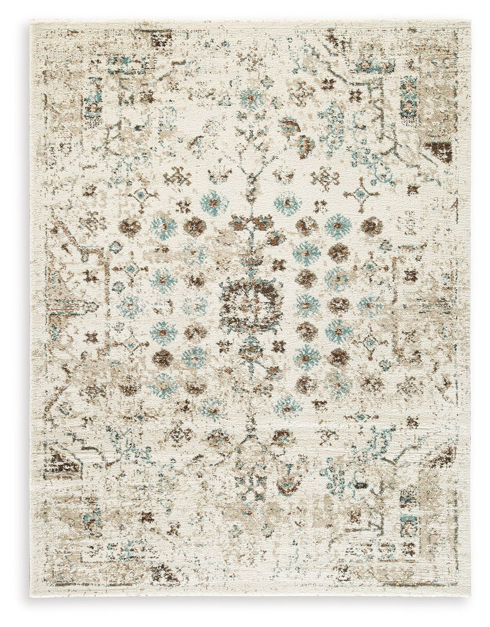 An on-trend take on traditional stylings, this rug brings a pop of pattern underfoot. Simply soothing shades of ivory, brown and teal complement so many settings and color schemes. Itâ€™s an inviting addition to your home accents.<br/><br/><b>Product Feat