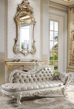 Luxurious style, sophisticated charm, and lustrous finishes are all included in the Vanaheim Bedroom Collection. Extravagant scroll floral design with gold trim accent creates classic appeal and timeless silhouettes. Button tufted headboard and footboard 