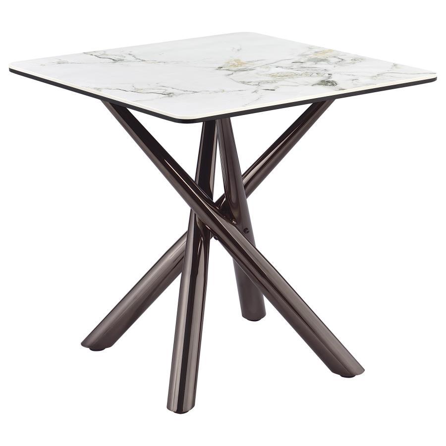 Elevate your living room style with this refined end table. Its sintered stone top layer, set over black tempered glass, exudes modern luxury. Supported by a steel asterisk base in a black nickel electroplated finish, this accent table embodies both sophi