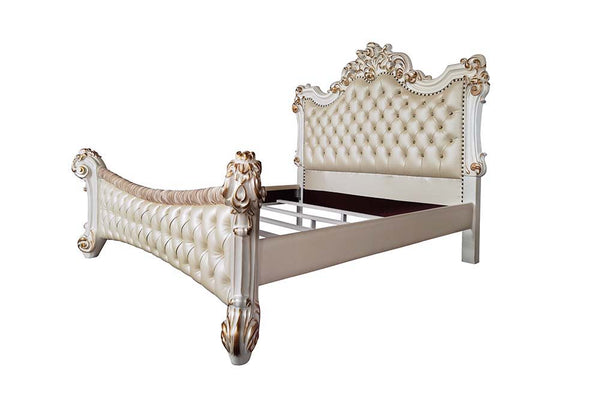 Dream happily-ever-after in a fairy-tale-inspired bed you have aspired to own all your life. This Vendom PU upholstered bed glints stylishly with its crystal-like button tufting and nailhead trim, elegant hand-brushed gold is paired with an antique pearl.