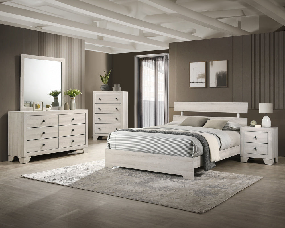 This bedroom collection embodies a rustic, yet contemporary aesthetic with its clean lines and neutral color palette. The set includes a low-profile bed frame, a dresser with a mirror, and a tall chest, all finished in a versatile white wash that easily c