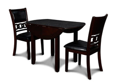 The small space friendly Gia Drop Leaf Dining Table and Chair Set has two 8" drop down leaves that transform this dining table from a 42" round dining set to 24" wide, fitting into compact spaces with ease. The dining table and chair legs are crafted of s