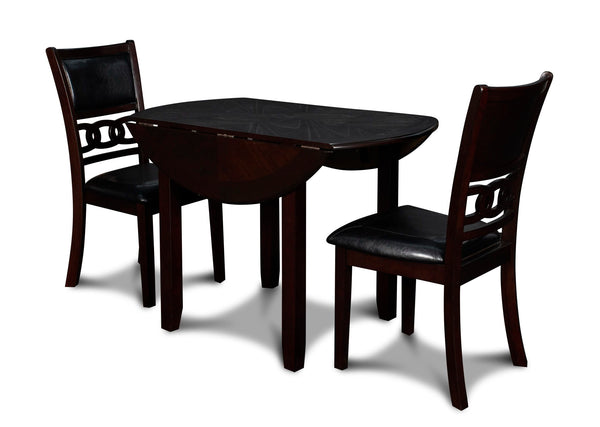 The small space friendly Gia Drop Leaf Dining Table and Chair Set has two 8" drop down leaves that transform this dining table from a 42" round dining set to 24" wide, fitting into compact spaces with ease. The dining table and chair legs are crafted of s