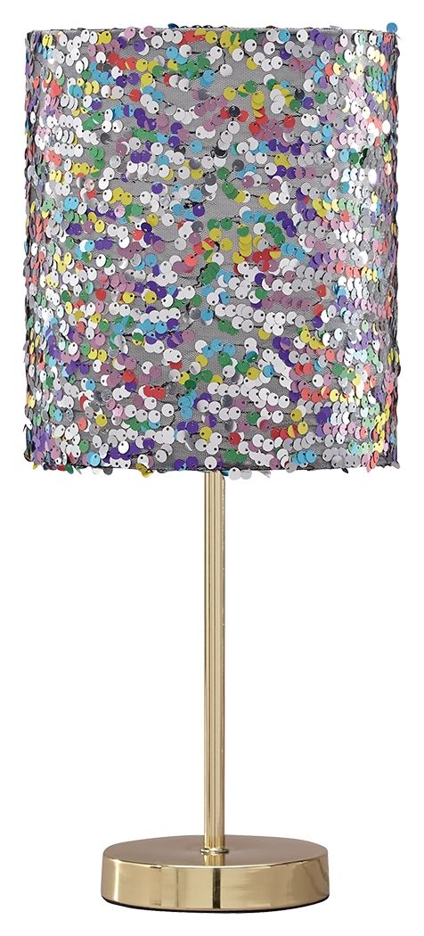 Is your little one all about the glam factor? If so, sheâ€™ll love this table lamp. Multicolored sequined drum shade lights up her room in style. Goldtone metal base is a classy touch to this glitzy design.<br><br><b>Additional Dimensions</b><br><ul><li>S