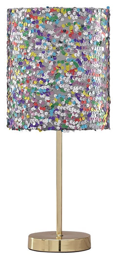 Is your little one all about the glam factor? If so, sheâ€™ll love this table lamp. Multicolored sequined drum shade lights up her room in style. Goldtone metal base is a classy touch to this glitzy design.<br><br><b>Additional Dimensions</b><br><ul><li>S