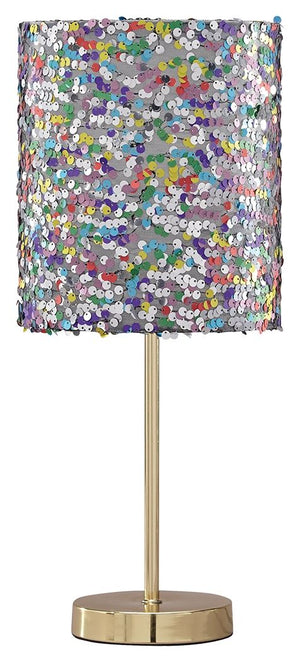 Is your little one all about the glam factor? If so, sheâ€™ll love this table lamp. Multicolored sequined drum shade lights up her room in style. Goldtone metal base is a classy touch to this glitzy design.<br><br><b>Additional Dimensions</b><br><ul><li>S