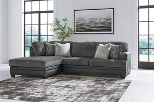  it pairs cozy fabric with faux leather for invitingly cool character. And with a roomy chaise offering extra seating space