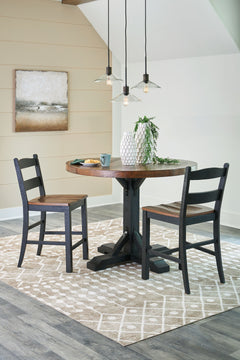 This set serves up the best in cottage styling. A charming choice, its two-tone finish is versatile enough for many casual aesthetics. Round counter height table features a sturdy post and bracket base design in a rustic black finish with a thick 48-" rou