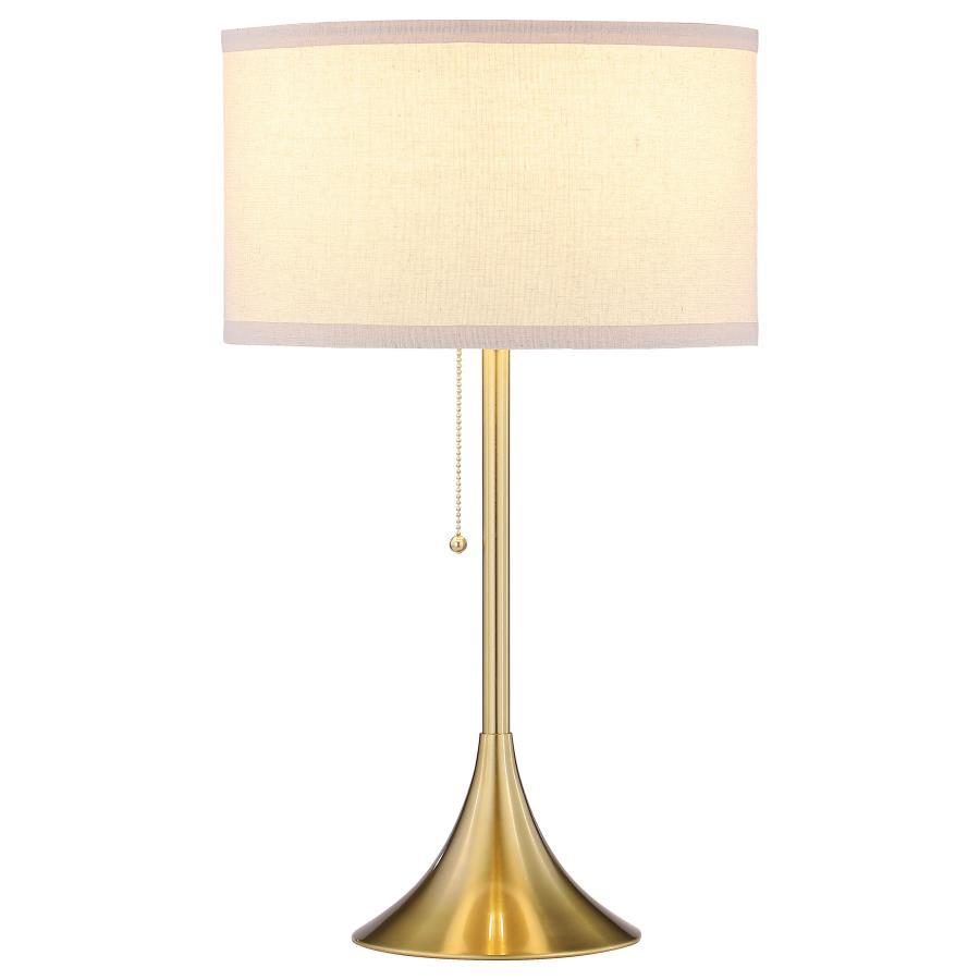 Sleek style takes center stage in a gleaming modern table lamp. Offering a refined silhouette, it features a pedestal base with a gold finish that offers timeless, neutral appeal in any living area or bedroom. The lamp boasts a pull chain for easy, timele