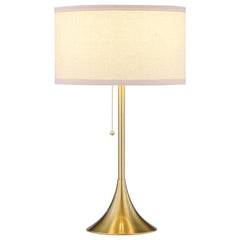 Sleek style takes center stage in a gleaming modern table lamp. Offering a refined silhouette, it features a pedestal base with a gold finish that offers timeless, neutral appeal in any living area or bedroom. The lamp boasts a pull chain for easy, timele
