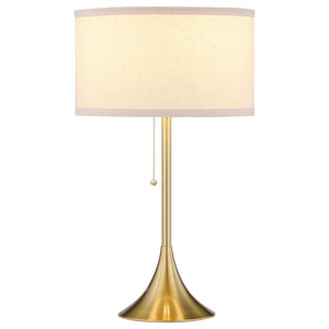 Sleek style takes center stage in a gleaming modern table lamp. Offering a refined silhouette, it features a pedestal base with a gold finish that offers timeless, neutral appeal in any living area or bedroom. The lamp boasts a pull chain for easy, timele