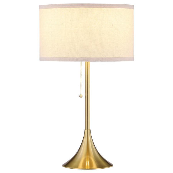 Sleek style takes center stage in a gleaming modern table lamp. Offering a refined silhouette, it features a pedestal base with a gold finish that offers timeless, neutral appeal in any living area or bedroom. The lamp boasts a pull chain for easy, timele