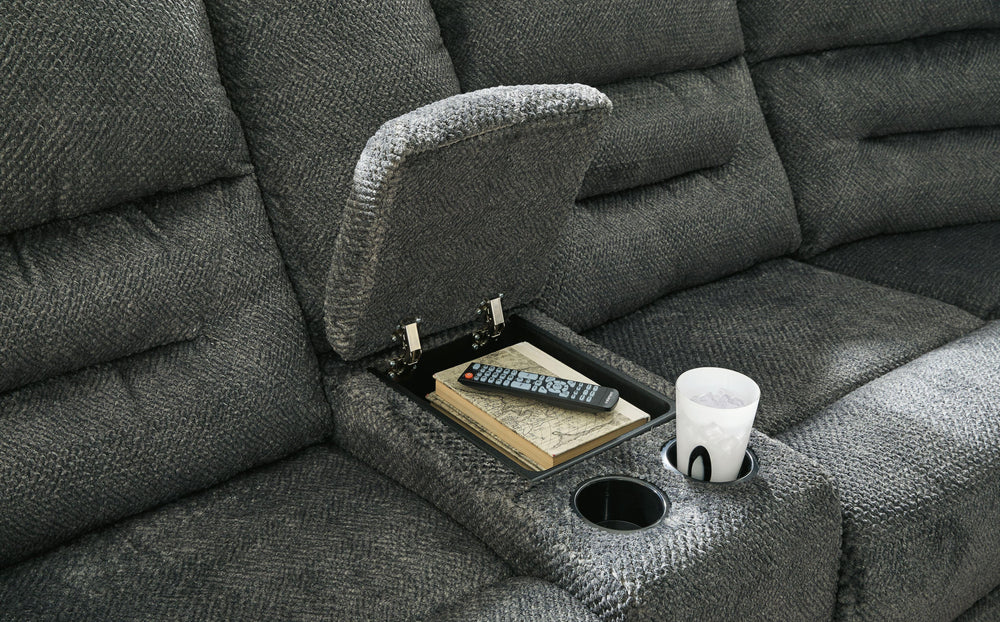 Positively plush fabric joins forces with one-touch power reclining to create this sectional. Its scale is impressive. And its style? Contemporary chic. Richly neutral upholstery keeps the look decidedly on trend. This sectional makes cozy comfort and a c