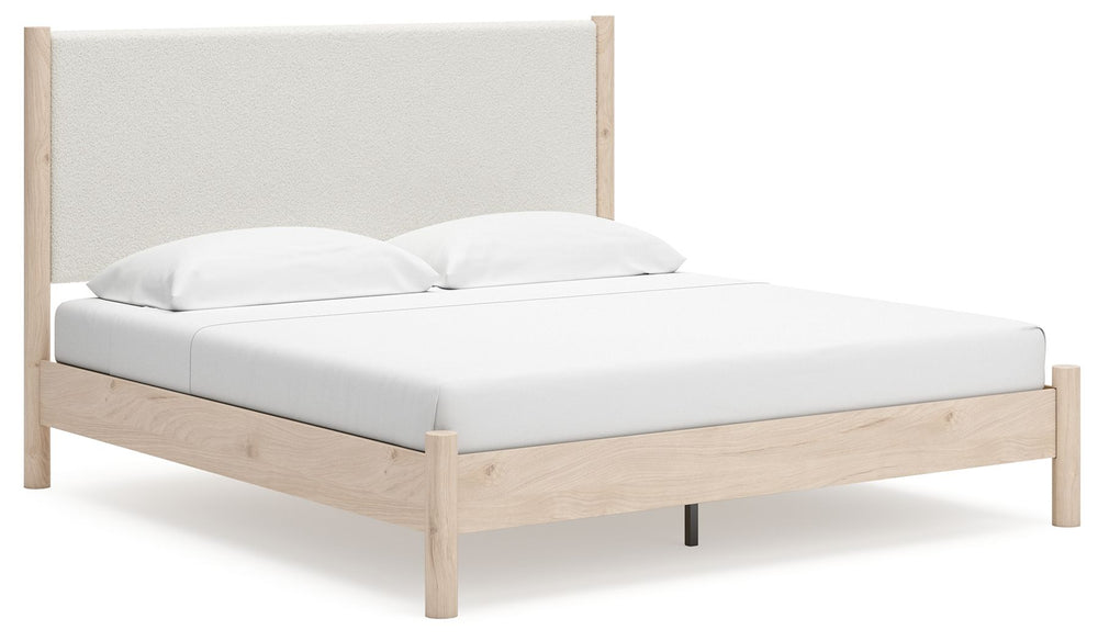 Transform your bedroom with this king upholstered panel bed. With clean lines and textured fabric, it exudes a minimal and sophisticated boho style. Tailor your space and create the perfect environment for sweet dreams.<br/><br/><b>Product Features</b><ul