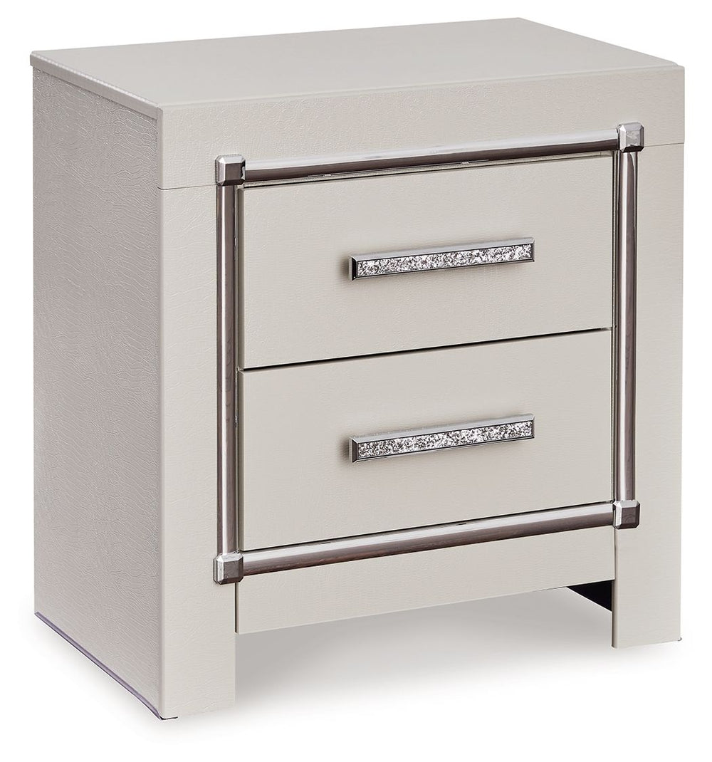 Bright, bold luxury. This nightstand dazzles with its attention to detail. Your love of glamorous style is reflected in its all-over faux gator in a metallic finish, exquisitely paired with faceted chrome-tone details. Complete with wireless and USB charg