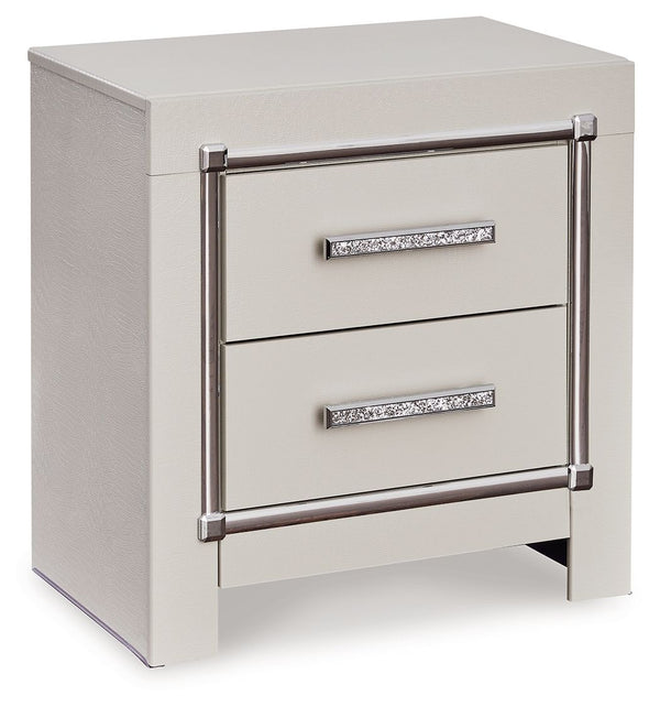 Bright, bold luxury. This nightstand dazzles with its attention to detail. Your love of glamorous style is reflected in its all-over faux gator in a metallic finish, exquisitely paired with faceted chrome-tone details. Complete with wireless and USB charg