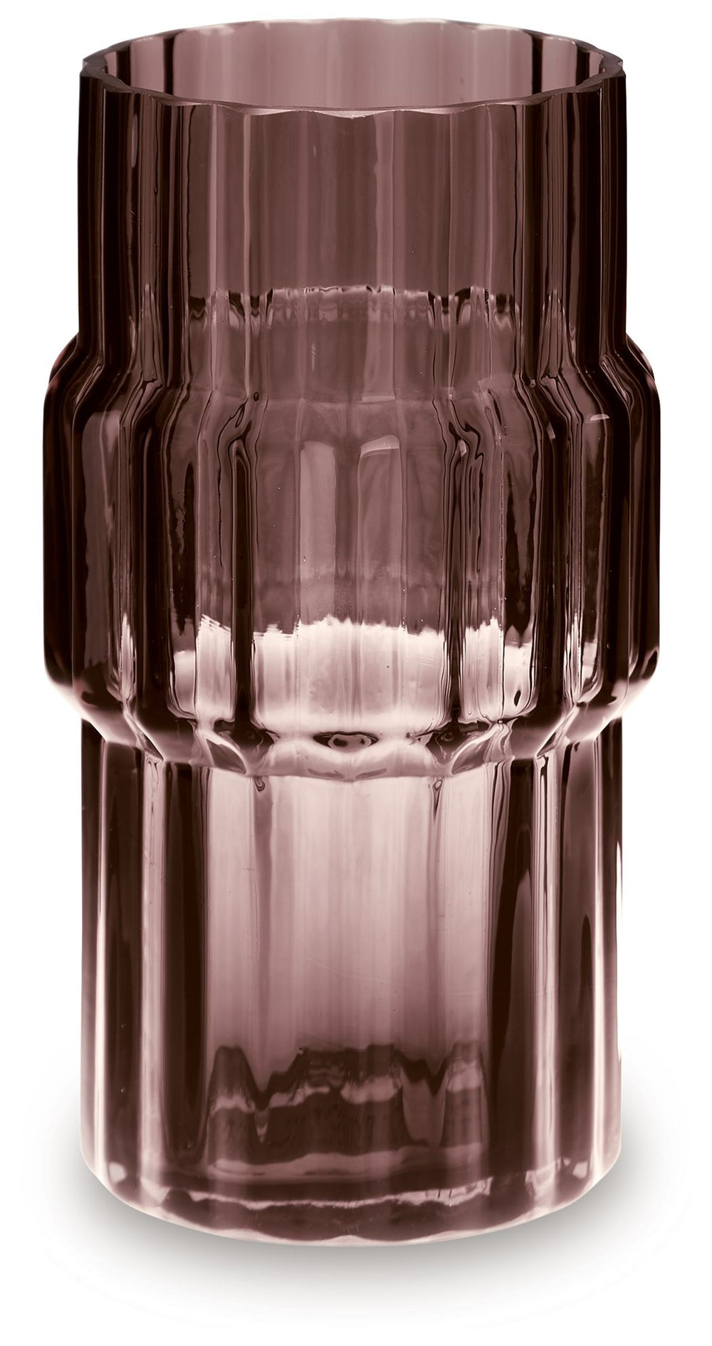 This vase, made of dark mauve-tinted glass, adds a captivating touch to indoor or outdoor decor. Its unique textured shape and oversized fluted details create an elegant art piece. Whether it-'s accentuating flowers or candlelight, this vase is simply str