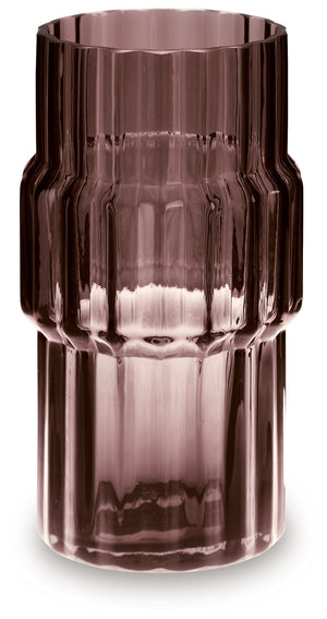 This vase, made of dark mauve-tinted glass, adds a captivating touch to indoor or outdoor decor. Its unique textured shape and oversized fluted details create an elegant art piece. Whether it-'s accentuating flowers or candlelight, this vase is simply str