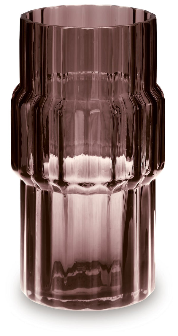 This vase, made of dark mauve-tinted glass, adds a captivating touch to indoor or outdoor decor. Its unique textured shape and oversized fluted details create an elegant art piece. Whether it-'s accentuating flowers or candlelight, this vase is simply str