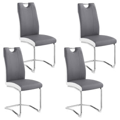 Sleek and stylish, this side chair features a modern cantilever design with a two-tone faux leather finish. Upholstered in soft grey with crisp white accents, the chair showcases a sculpted silhouette highlighted by tailored welt trim. A polished chrome b