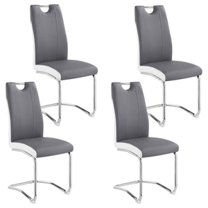 Sleek and stylish, this side chair features a modern cantilever design with a two-tone faux leather finish. Upholstered in soft grey with crisp white accents, the chair showcases a sculpted silhouette highlighted by tailored welt trim. A polished chrome b