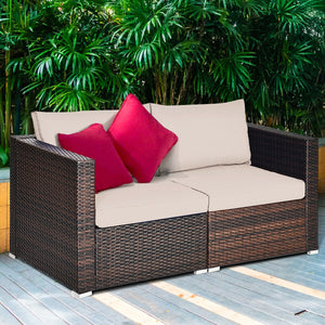 Power coated and solid steel frame adds sturdiness and durability<br>Tight and hand-woven rattan to withstand change of weather<br>2 of the corner sofas can be used separately<br>Aluminum foot pads protect bottom rattan from scratching<br>Wide armrest for