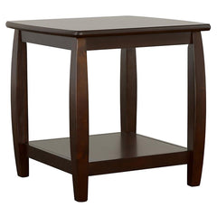 This square end table offers a refined design crafted from hardwood and engineered wood, featuring a birch and basswood veneer. The rich cappuccino finish elevates its sleek appearance, making it a perfect complement to any living room. Its lower shelf pr