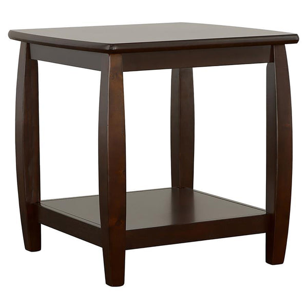 This square end table offers a refined design crafted from hardwood and engineered wood, featuring a birch and basswood veneer. The rich cappuccino finish elevates its sleek appearance, making it a perfect complement to any living room. Its lower shelf pr
