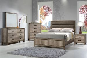  each piece is equipped with ample storage and smooth metal hardware. The bed-'s bold headboard is a standout element