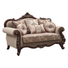 KD Back, w/6 Pillows Carved Crown, Curved-Scrolled Trim with 2-Tone Welt Trim: Walnut Finish with Contrast Gold-Brush Accent, Poplar Wood (Backrest, Front Armrest & Base) Backrest Style: Arched Tight Back & Loose Seat Cushion (1+1) Seat Construction: Fram