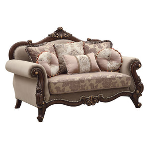 KD Back, w/6 Pillows Carved Crown, Curved-Scrolled Trim with 2-Tone Welt Trim: Walnut Finish with Contrast Gold-Brush Accent, Poplar Wood (Backrest, Front Armrest & Base) Backrest Style: Arched Tight Back & Loose Seat Cushion (1+1) Seat Construction: Fram