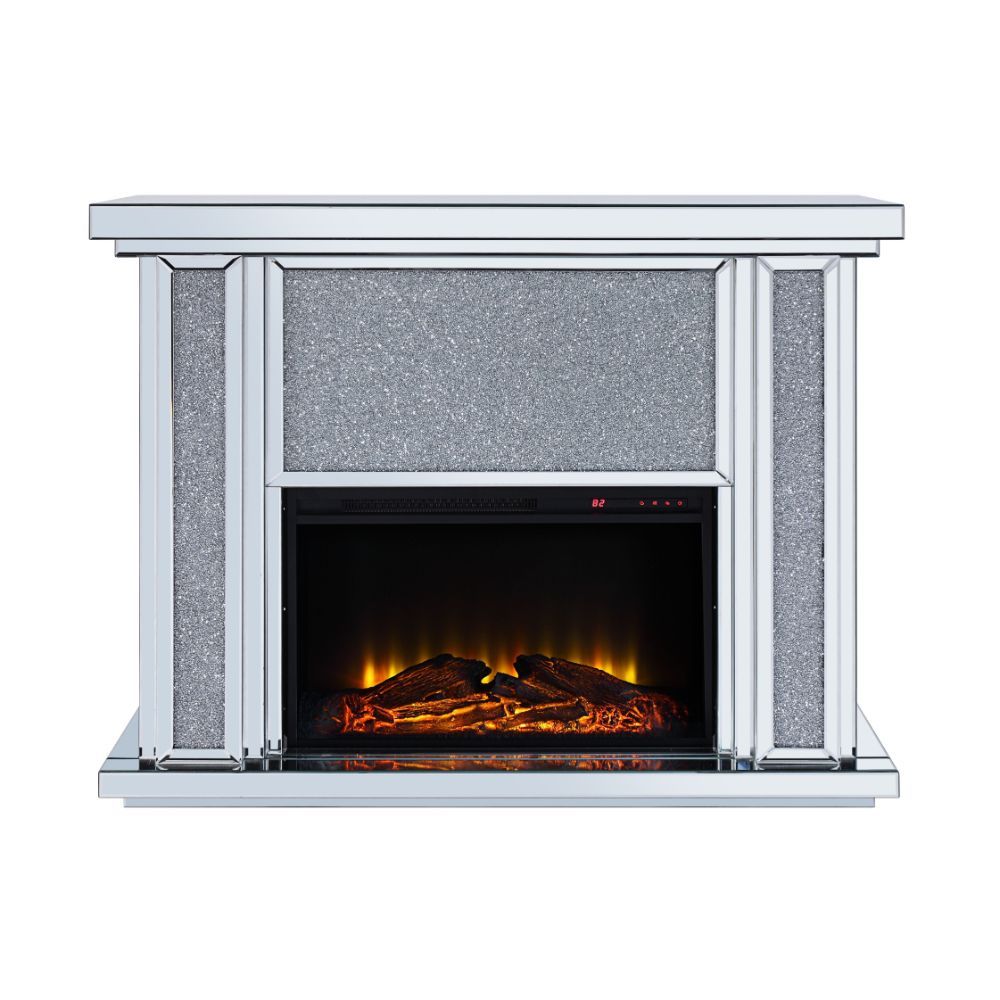 The Nowles fireplace is a gorgeous addition to any sitting or living room. The electric fireplace boasts of fully mirrored fronts and sides, between a fully mirrored top and base. The fireplace features a large front mirror face with faux stones inserts a