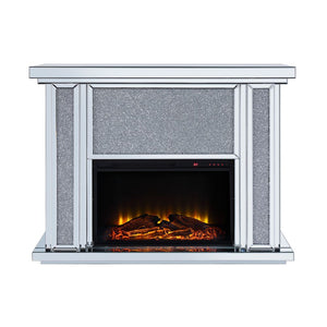  between a fully mirrored top and base. The fireplace features a large front mirror face with faux stones inserts a