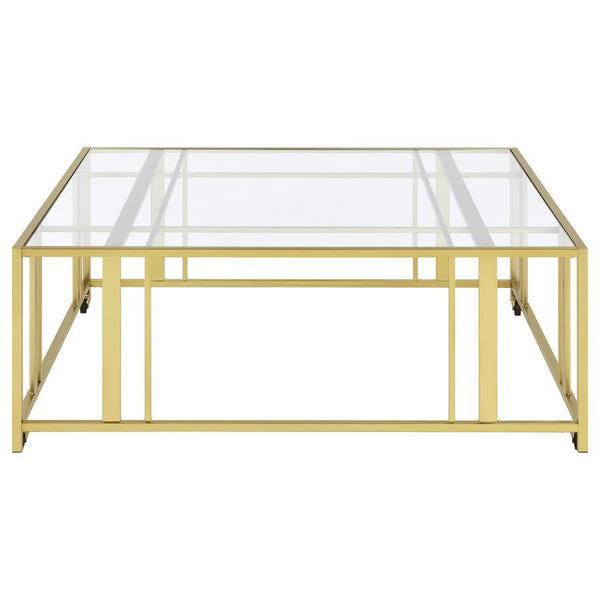 Adri - Square Glass Top Coffee Table With Casters - Matte Brass