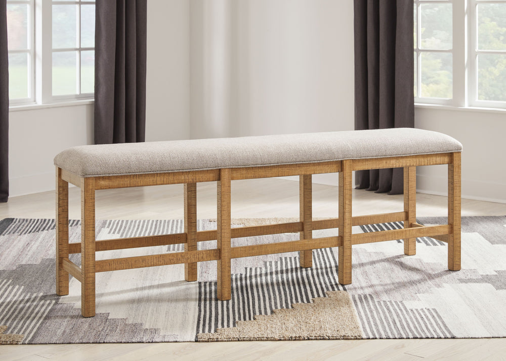 This counter height dining bench is a favorite choice for casual rustic interiors. Offering a great seating alternative, it-'s your answer for impromptu guests. And the textured upholstered seating? Deliciously versatile and comfortable.<br/><br/><b>Produ