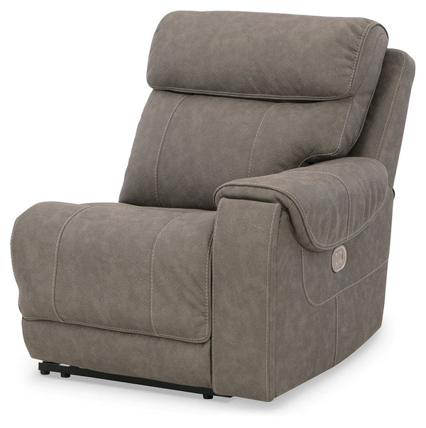 This right-arm facing power recliner is made with faux leather upholstery. Pairs with other items in the series to make a sectional.<br><br><b>Additional Dimensions</b><br><ul><li>Arm height: 26-"</li><li>Seat depth: 22-"</li><li>Seat height: 21-"</li><li