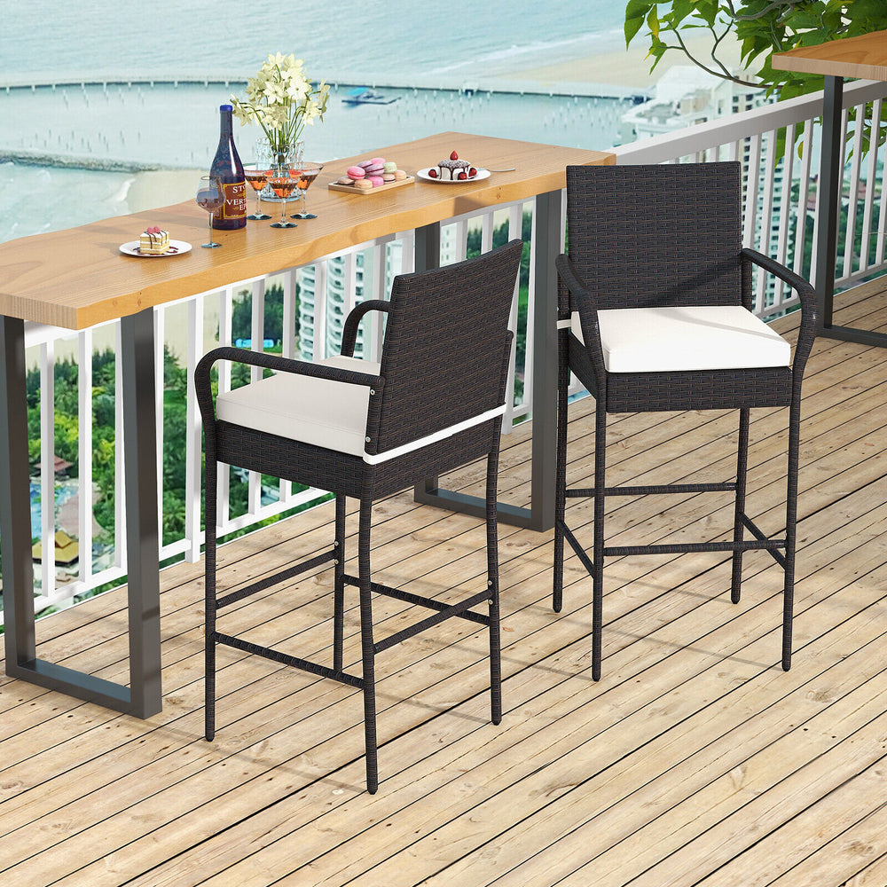 29.5" suitable seat height for most patio bar tables<br>Curved backrest and armrests make you relaxed<br>Equipped with seat cushions for more comfort<br>Fixing straps firmly fix the cushions in place<br>Zipper design for easy maintenance of cushion cover<