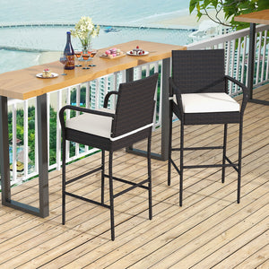 29.5" suitable seat height for most patio bar tables<br>Curved backrest and armrests make you relaxed<br>Equipped with seat cushions for more comfort<br>Fixing straps firmly fix the cushions in place<br>Zipper design for easy maintenance of cushion cover<