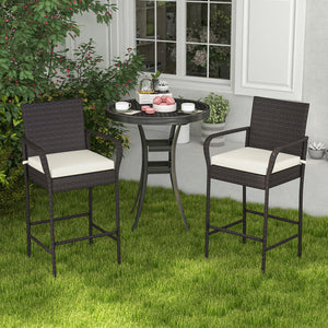 29.5" suitable seat height for most patio bar tables<br>Curved backrest and armrests make you relaxed<br>Equipped with seat cushions for more comfort<br>Fixing straps firmly fix the cushions in place<br>Zipper design for easy maintenance of cushion cover<