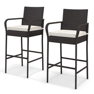 29.5" suitable seat height for most patio bar tables<br>Curved backrest and armrests make you relaxed<br>Equipped with seat cushions for more comfort<br>Fixing straps firmly fix the cushions in place<br>Zipper design for easy maintenance of cushion cover<