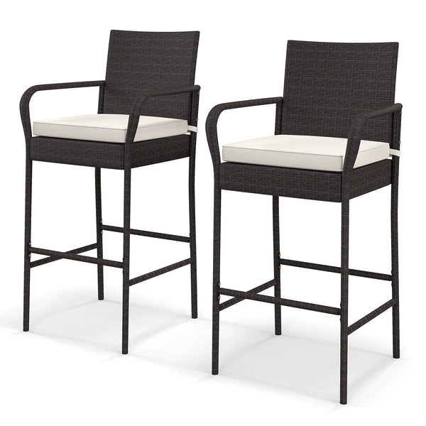 29.5" suitable seat height for most patio bar tables<br>Curved backrest and armrests make you relaxed<br>Equipped with seat cushions for more comfort<br>Fixing straps firmly fix the cushions in place<br>Zipper design for easy maintenance of cushion cover<