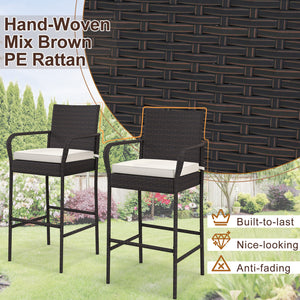 29.5" suitable seat height for most patio bar tables<br>Curved backrest and armrests make you relaxed<br>Equipped with seat cushions for more comfort<br>Fixing straps firmly fix the cushions in place<br>Zipper design for easy maintenance of cushion cover<
