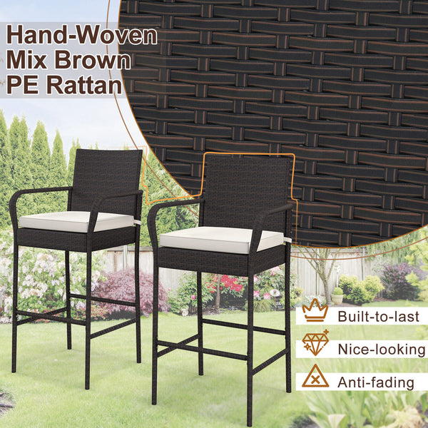 29.5" suitable seat height for most patio bar tables<br>Curved backrest and armrests make you relaxed<br>Equipped with seat cushions for more comfort<br>Fixing straps firmly fix the cushions in place<br>Zipper design for easy maintenance of cushion cover<